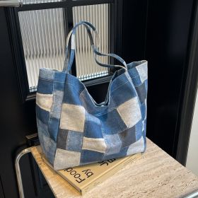 Women's Large Capacity Denim Color-contrast Check Idle Style Shoulder Commute Leisure Handbag Versatile Tote Bag (Color: Blue)