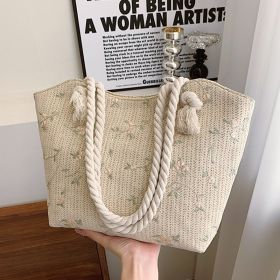 New And Simple Straw Bag Lace Bag Ins Straw Shoulder Bag Large Capacity Flower Fashion Women Handbag (Color: White)