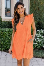 Lace Dresses With Pocket Summer Sleeveless Jacquard Cutout V-Neck Beach Dress (Option: Orange-XS)