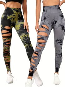 2 Pack Hollow Sexy High Elastic Women's Tie Dye Cutout Tights High Waist Workout Yoga Leggings, Scrunch Butt Lifting Elastic Pants, Tummy Control Butt (Option: 2PACK14-L)