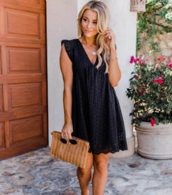 Lace Dresses With Pocket Summer Sleeveless Jacquard Cutout V-Neck Beach Dress (Option: Black-3XL)